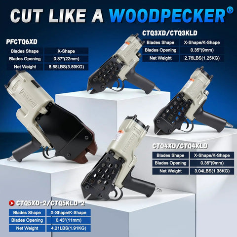 Heavy Duty Pneumatic Wire Cutter For Metal Mesh And Fence Wire With K Shape Blade on display with blade openings and weights listed.