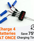 3.7V 1200mAh Li Ion Battery With SM 2P Plug And 4 In 1 USB Charger charging four batteries simultaneously.