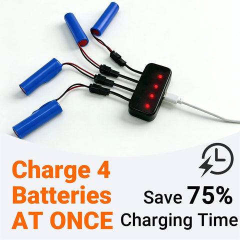 3.7V 1200mAh Li Ion Battery With SM 2P Plug And 4 In 1 USB Charger charging four batteries simultaneously.