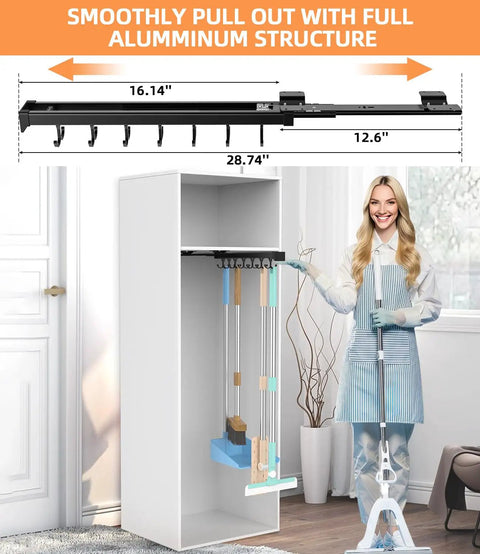 Pull Out Broom Holder With Adjustable Double Row Sliding Hooks Multifunctional Mop And Broom Organizer for garage closet