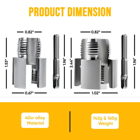 Dimensions of Dual Function Pipe Threading Tool Kit 2 In 1 Internal And External Threading For PVC Pipes, drill compatible set.