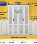 64-Inch Bifold Barn Door Hardware Kit For Four 15-Inch Doors Heavy Duty Five Point Three Foot Bi-Fold System With Top Mount Rollers Smooth Quiet Sliding Includes Two Free Handles For Quiet Operation Every Time installed on four-panel white doors in a room with yellow walls showing track length and clearance details.
