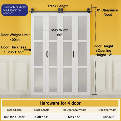 64-Inch Bifold Barn Door Hardware Kit For Four 15-Inch Doors Heavy Duty Five Point Three Foot Bi-Fold System With Top Mount Rollers Smooth Quiet Sliding Includes Two Free Handles For Quiet Operation Every Time installed on four-panel white doors in a room with yellow walls showing track length and clearance details.
