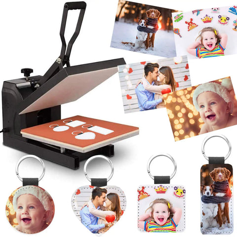 Sublimation Keychain Blanks Set PU Leather Heat Transfer Key Rings with printed photos and heat press machine