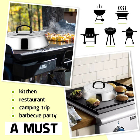Heavy Duty Stainless Steel Cheese Melt Dome Set Of Two, Killer Flat Top Grill Basting Cover in use on a griddle.