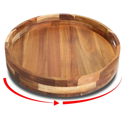 12 Inch Acacia Wood Lazy Susan Turntable With Double Handle, Big Spice Organizer For Countertop, Table, And Cabinet, 360 Degree Spin, Durable Kitchen Caddy For Spices, Condiments, Snacks showing wooden finish
