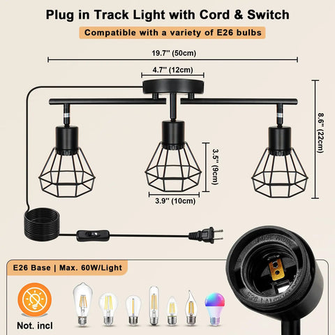 Plug In Track Lighting Kit With 3 Light Directional Ceiling Fixtures In Black Farmhouse Style with E26 base and 16.4 ft cord