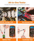 Digital Multimeter With Backlit LCD during AC/DC, DC current, battery, and continuity tests with visible test leads.