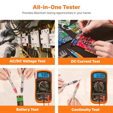 Digital Multimeter With Backlit LCD during AC/DC, DC current, battery, and continuity tests with visible test leads.