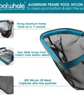 Aluminum frame pool nylon net, part of the All In One Pool Cleaning Kit With Ten Foot Adjustable Aluminum Pole Seventeen And A Half Inch Skimmer Net And Curved Wall Brush Head For Inground And Above Ground Pools No Fuss Debris Cleanup.