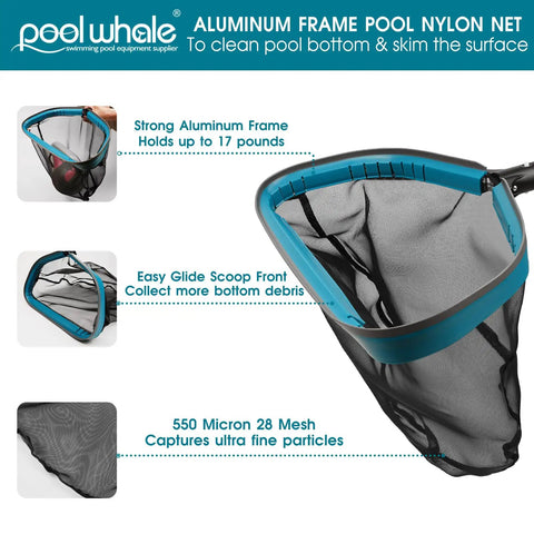 Aluminum frame pool nylon net, part of the All In One Pool Cleaning Kit With Ten Foot Adjustable Aluminum Pole Seventeen And A Half Inch Skimmer Net And Curved Wall Brush Head For Inground And Above Ground Pools No Fuss Debris Cleanup.