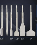 Front view of ZELCAN six-piece SDS Plus masonry chisel set with rotary hammer shanks (flat, point, spade).