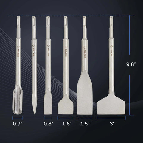 Front view of ZELCAN six-piece SDS Plus masonry chisel set with rotary hammer shanks (flat, point, spade).