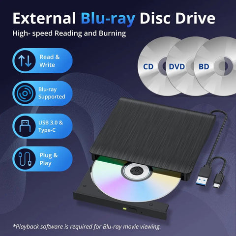 External Blu-ray Drive With 6X BD-RE Burning, USB-C And USB 3.0, 3D Blu-ray Playback, No-Fuss Setup And Fast BD DVD CD Writing, Reliable High-Speed Optical Drive For PC Or Laptop, Plug-and-Play Media Player, Backup, And Data Transfer, black slim disc drive with USB-C and USB 3.0 cables