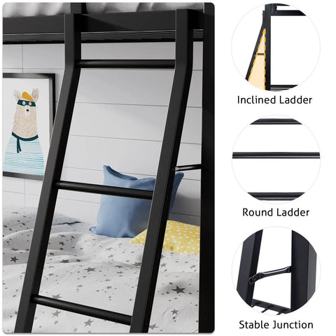 Twin Over Twin Bunk Bed With Secure Side Rails And Quick Rise Ladder Heavy Duty Steel Rig Built Tough 400 Lb Weight Capacity Room Saving Sleep Stack In Fresh Black Finish showing incline ladder design.