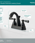 Elmhurst Two-Handle Centerset Bath Faucet In Oil Rubbed Bronze 3-hole 4-inch ADA Compliant with labeled parts and dimensions