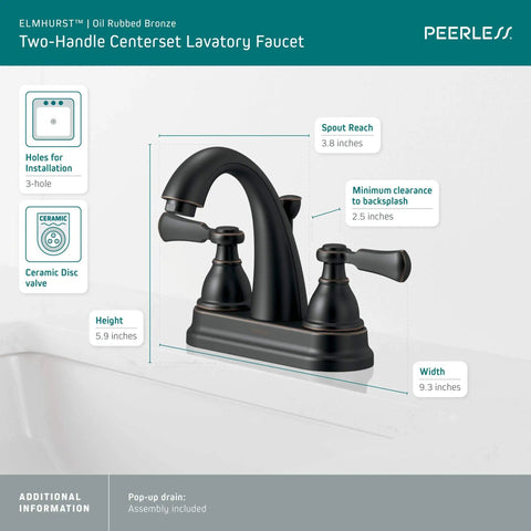 Elmhurst Two-Handle Centerset Bath Faucet In Oil Rubbed Bronze 3-hole 4-inch ADA Compliant with labeled parts and dimensions