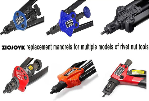 Assorted rivet nut tools featuring various heads including M10 Rivet Nut Tool Replacement Mandrel, DIY Friendly Nut Riveter Tip.