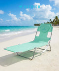 Teal Open Face Chaise Lounge With Face Cavity Design, Arm Slots, And Plush Pillow, Ultra Lightweight Foldable Tanning Lounger on beach