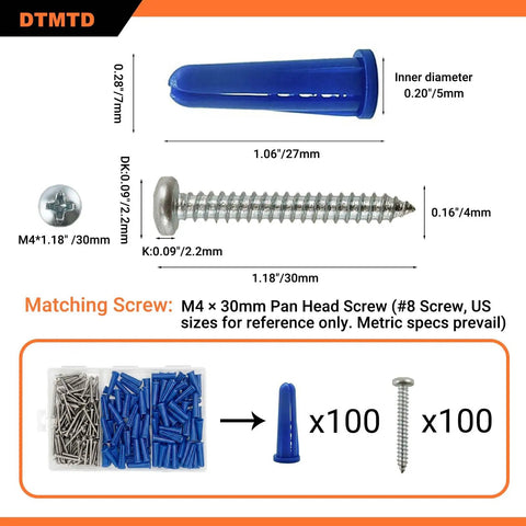 Masonry Wall Anchors And Screws Kit Easy Install 200 Pieces With 100 Anchors 100 Screws Blue 7x27mm M4x30mm diagram
