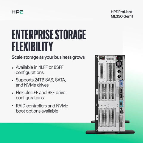 HPE ProLiant ML350 Gen11 enterprise storage server with flexible LFF and SFF drive configurations.
