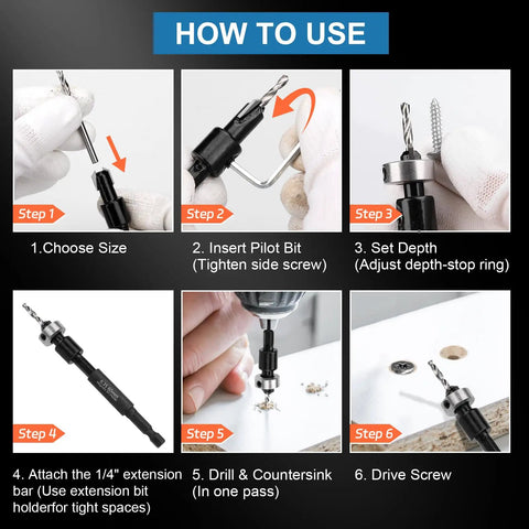 How to use Professional Grade Tungsten Carbide Countersink Drill Bit Set With Adjustable Depth Stops, step-by-step guide.
