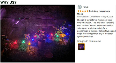 Mushroom Solar String Lights 20-Pack, 37.7ft Fairy Color Changing Outdoor Pathway Lights illuminating a garden at night with vibrant hues