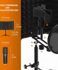Studio Recording Microphone With Isolation Shield, Pop Filter And Metal Tripod Stand, USB Mic dimensions and installation guide