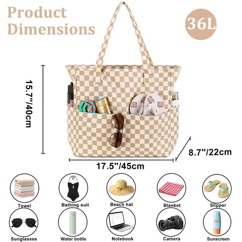 Large Beach Tote Bag For Women Waterproof And Sandproof With Zipper And Wet Pocket Extra Spacious For Pool Gym Travel And Grocery Durable Stylish Carry For Summer Fun showing dimensions and contents