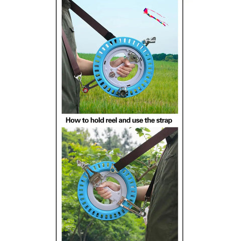 Person using Big Kite Reel With Brake For Easy Outdoor Flying Pro Grade 10.6 Inch String Winder in field with strap and kite flying