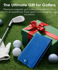 Blue premium leather Magnetic Golf Scorecard Holder With Premium Leather All In One Design resting on a wrapped gift with golf items.