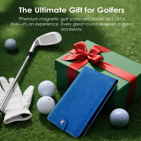 Blue premium leather Magnetic Golf Scorecard Holder With Premium Leather All In One Design resting on a wrapped gift with golf items.