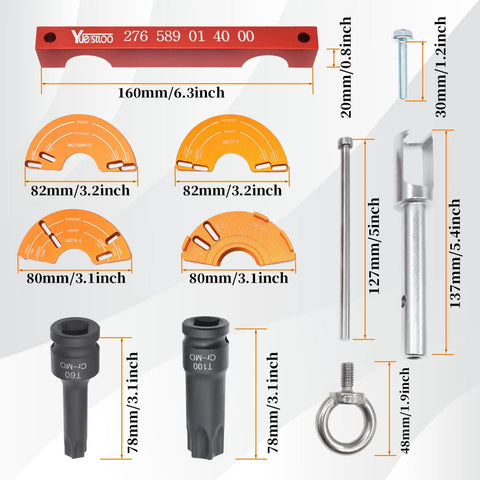 Components of Pro Grade Engine Timing Locking Kit With 4 Camshaft Adjuster Tools, 8 Fixing Screws, for Mercedes Benz engines