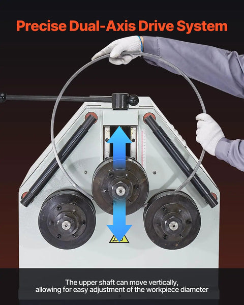 Industrial 2.2kw Electric Pipe Roll Bender With Three Roller Design For Precision Rolling Up To 3mm Thickness And 180 Degree Max Bending Angle Feature Reversible Foot Switch For Safe Horizontal Or Vertical Operation Compatible With 220v 60hz 3-phase, showing precise dual-axis drive system with adjustable upper shaft.