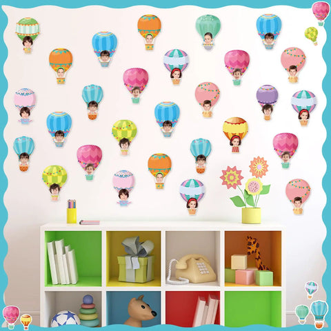Colorful Hot Air Balloon Cutouts Kit 60 Pcs 6 By 6 Inch Bulletin Board Decor for Classroom and Office Back To School 12 Styles with Adhesive Dots