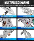 Close-up of Pro Grade 18 In 1 Folding Wire Stripper Pliers Set with Voltage Detector showing multiple tool functions.