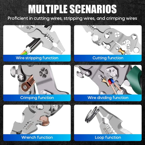 Close-up of Pro Grade 18 In 1 Folding Wire Stripper Pliers Set with Voltage Detector showing multiple tool functions.