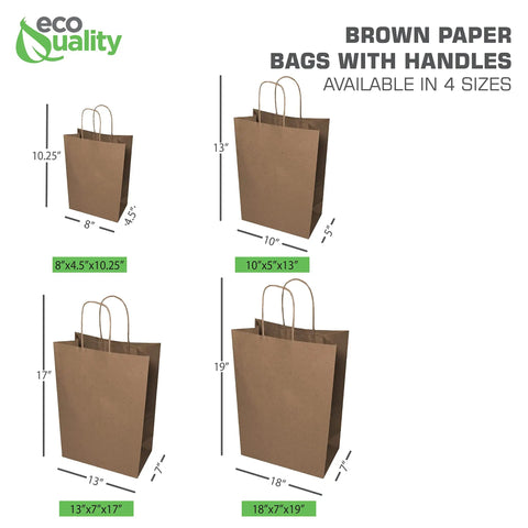 Assorted sizes of brown paper bags with handles, including 10x5x13 inches. Brown Kraft Paper Bags With Handles 10x5x13 Inches 500 Pack Durable Reusable Eco Friendly Shopping Gift Bags For Party Merchandise Lunch Grocery Use Everyday.