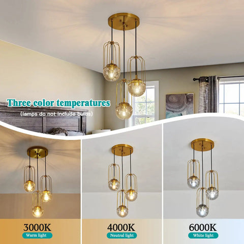 Three Light Mid Century Modern Pendant Light Fixture With Gold Finish Glass Globe And Adjustable Cage Hanging Chandelier