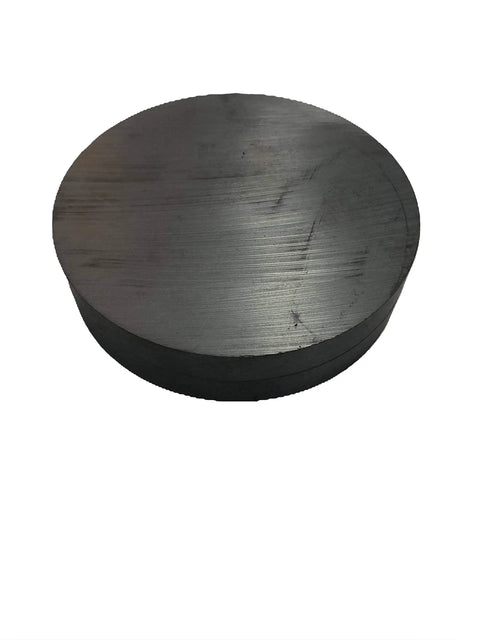 Large 3.025 Inch Diameter Ceramic Ferrite Disk Magnet 2 Pack Grade 8 shown horizontal, dark finish, 12 lb pull