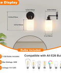 Farmhouse Style 2 Light Wall Vanity Light Fixture With Glass Shades Dope Look For Powder Room Hallway Or Kitchen E26 Base UL Listed Matte Black Metal Wall Mount Vanity Lighting dimensions and bulb compatibility shown.