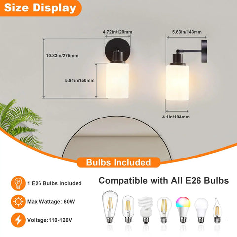 Farmhouse Style 2 Light Wall Vanity Light Fixture With Glass Shades Dope Look For Powder Room Hallway Or Kitchen E26 Base UL Listed Matte Black Metal Wall Mount Vanity Lighting dimensions and bulb compatibility shown.