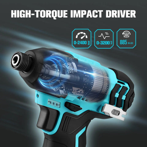 12V Cordless Impact Driver Kit With 885 In Lbs Torque For Quick Smooth Tackling Of Tough Jobs Variable Speed 0 2400 RPM LED Light
