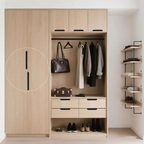 Matte Black 10 Pack Finger Pulls For Cabinets And Drawers 11.81 Inch Edge Concealed Aluminum Handles on wooden closet doors.