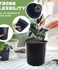 60 Pack One Gallon Plastic Plant Pots With Drainage Holes For Seedlings Cuttings And Transplants Perfect For Home Gardens Reusable Lightweight Durable Black Pots For Herbs Vegetables And Succulents shown flexing for durability.