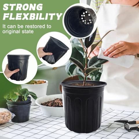 60 Pack One Gallon Plastic Plant Pots With Drainage Holes For Seedlings Cuttings And Transplants Perfect For Home Gardens Reusable Lightweight Durable Black Pots For Herbs Vegetables And Succulents shown flexing for durability.
