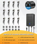 All In One LED Low Voltage Landscape Lighting Kit With 12 Aluminum 3W Lights 60W Transformer 100ft Cord And 24 Connectors Weatherproof 3000K Outdoor Spotlights For Yard Garden Trees And Pathways set components