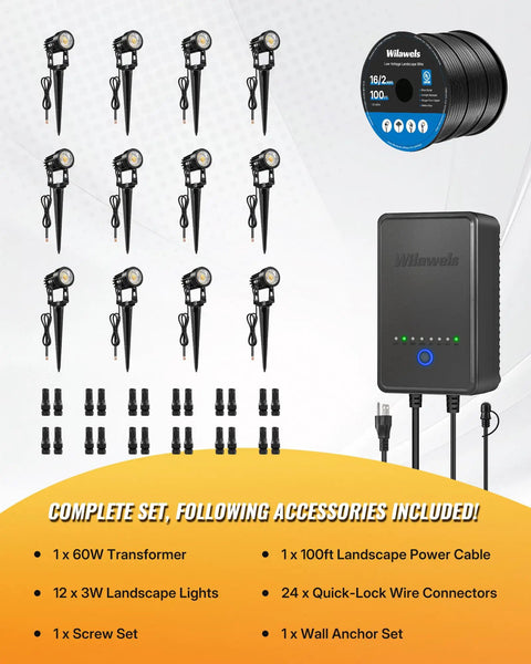 All In One LED Low Voltage Landscape Lighting Kit With 12 Aluminum 3W Lights 60W Transformer 100ft Cord And 24 Connectors Weatherproof 3000K Outdoor Spotlights For Yard Garden Trees And Pathways set components