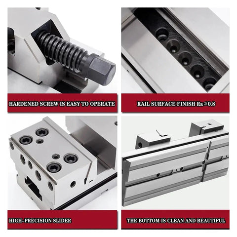 Heavy Gauge 5 Inch Bench Vise With Wide Jaw Opening And Rock Solid Clamping Force For Cnc Machining Centers showing operational screws and slider.