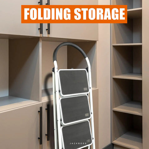 3 Step Folding Ladder Lightweight Step Stool With Wide Anti Slip Pedals For Home Office Kitchen And Garage Grab And Go Easy Carry Open Height 43.5 Inches Service Height 27.2 Inches 400 Pounds Capacity, folded storage by cabinets
